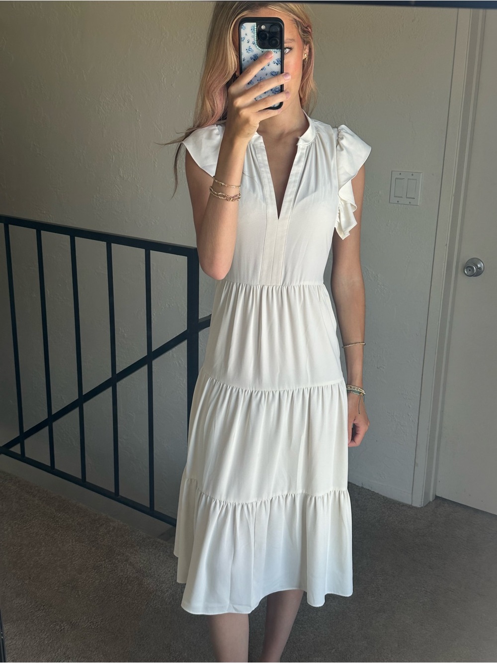 Amanda Uprichard Ivory Tiered V-Neck Midi Dress